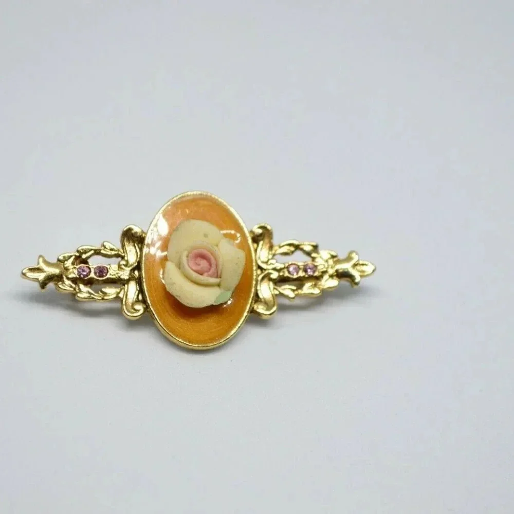 1928 Gold Toned Pink Flower Porcelain Pin Brooch
